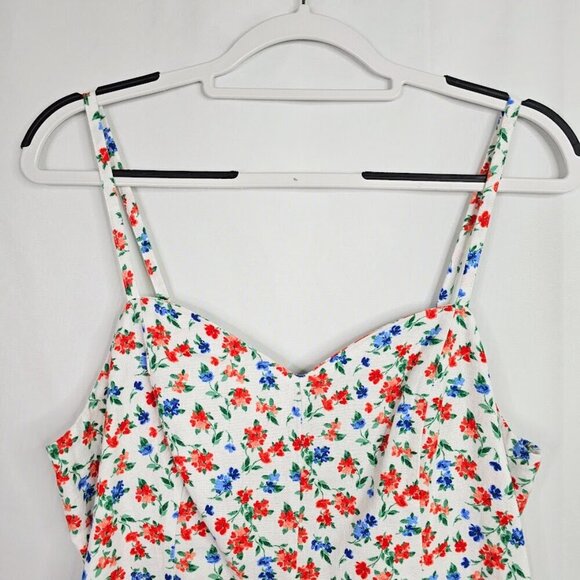 OLD NAVY Linen Romper Shorts WHITE BLUE RED GREEN FLORAL size L Smocked Pockets - Picture 3 of 8